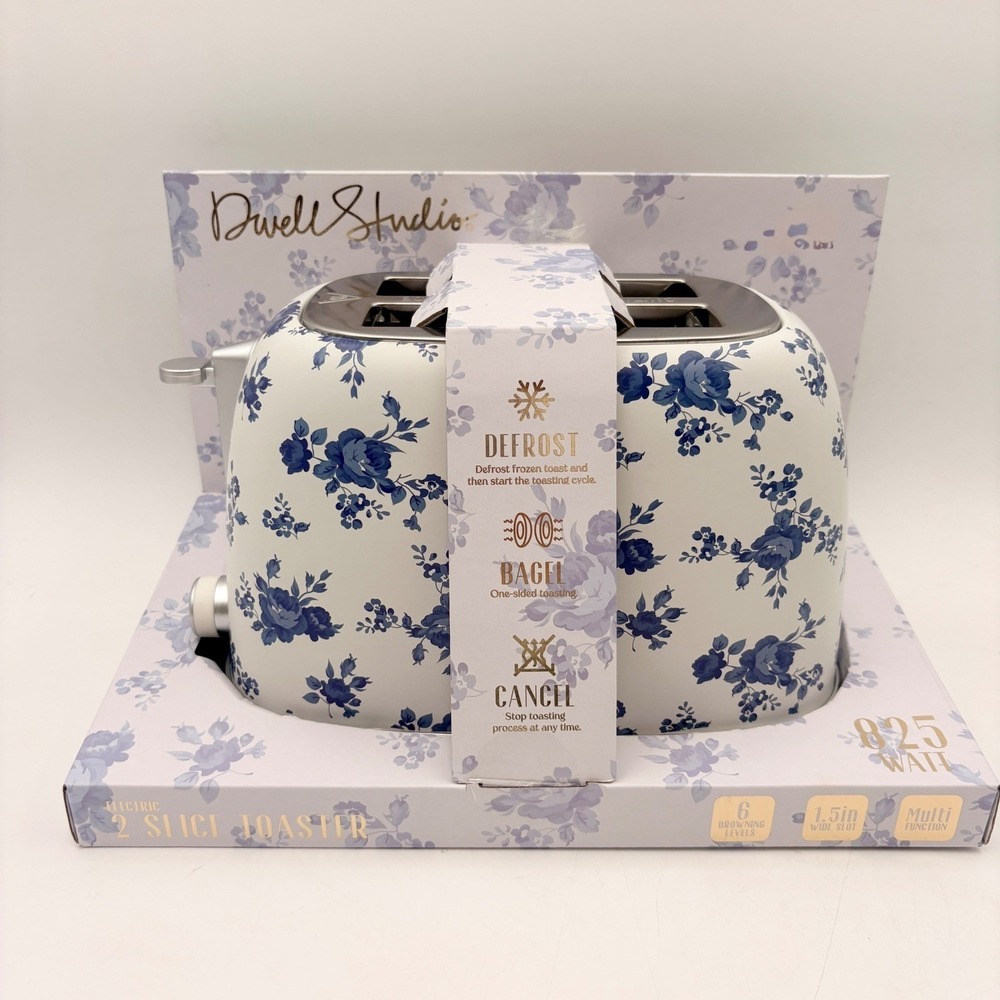 DwellStudio 2 Slice Toaster Blue Floral Hydrangea Toile 825W Extra Wide Slot New